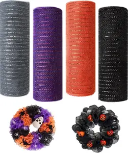 Poly Deco Mesh Ribbon 10 inch x 10 Yards Each Roll Metallic Foil Mesh in Robbin Gray Purple Orange Black for Festival Wreaths Swags Craft Party and Decorating Supplies 4 Rolls