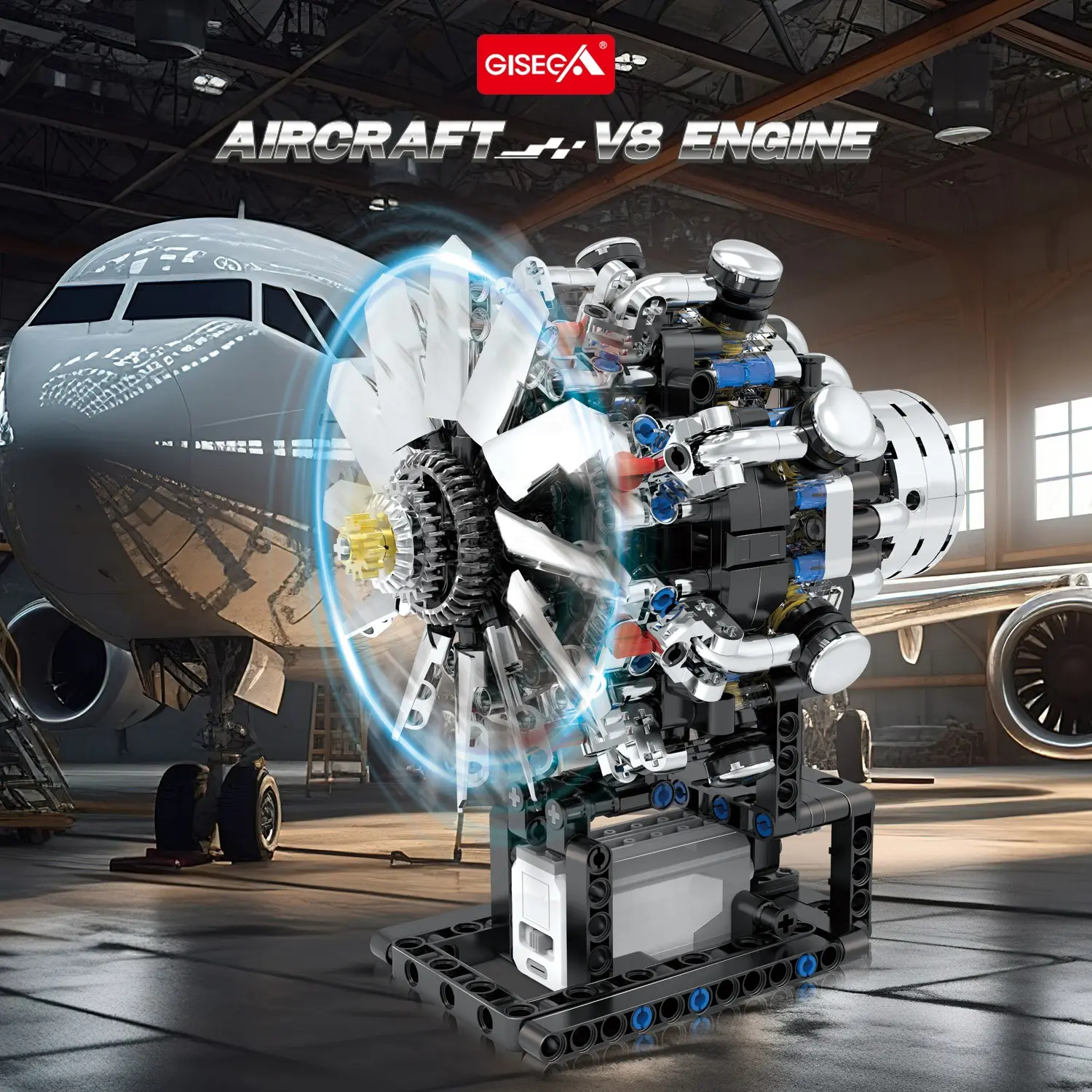 Aircraft V8 Engine Block Set with Motor Drive Model Toy, Detailed ...