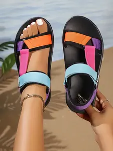 Women's Summer 2026 New Velcro Flat Casual Lightweight Strappy Sandals, Thick Sole Beach Shoes, Textile Upper, Rubber Sole, Patchwork Style