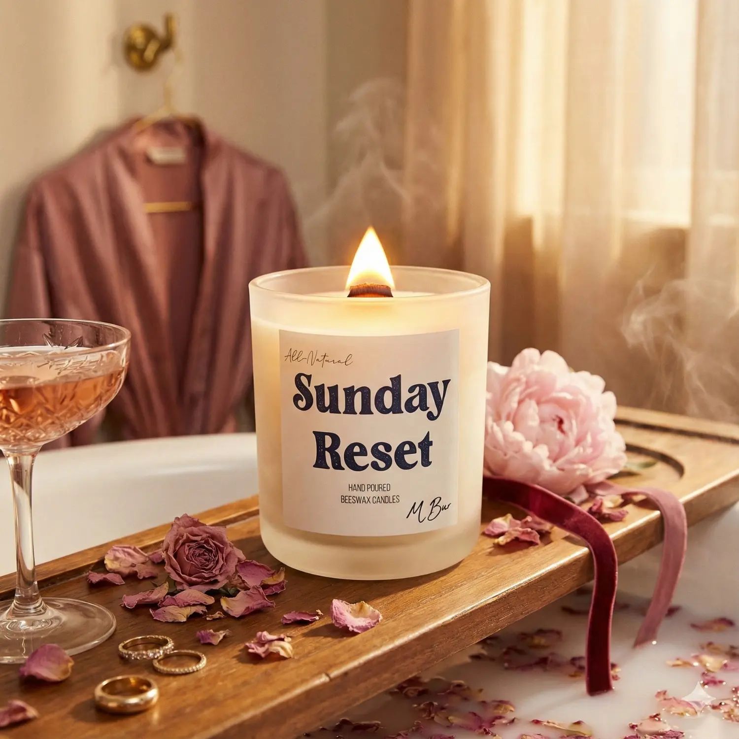 Eucalyptus Peppermint Candle, Wooden Wick, Non-Toxic Beeswax | Sunday Reset | MBur