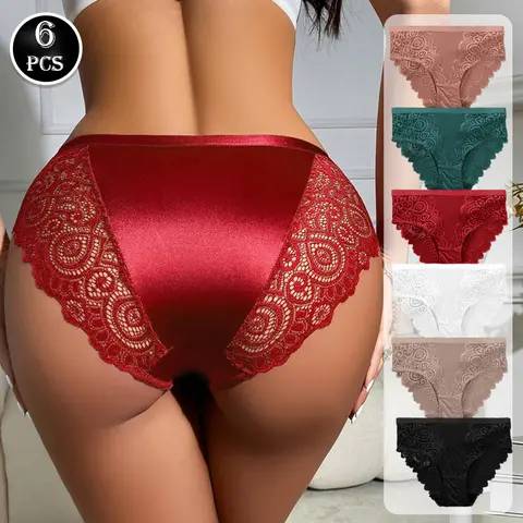 6pcs Women's Lace Panties: High Waist, Contrast Floral Design, Soft Breathable Fabric, Comfortable for Daily Wear & All Seasons