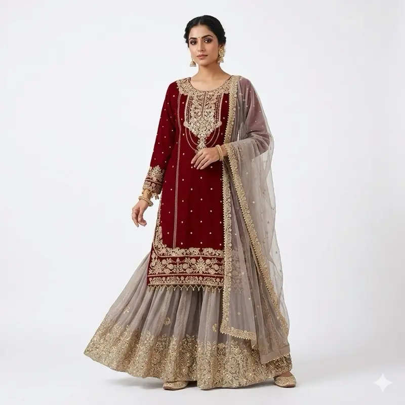 Elegant Red Velvet Anarkali with Gold Embroidery and Gray Net Dupatta for Special Occasions Womenswear Summer Dress Casual Long Sleeve Maxi