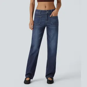 Halara Flex Low Rise Zipper Pockets Straight Leg Washed Casual Jeans