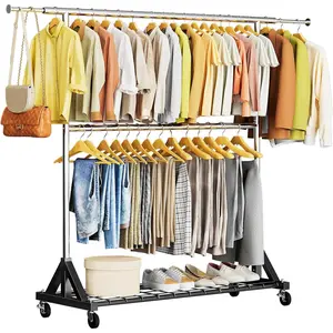 Heavy Duty Clothes Rack Load 600 LBS, Double Rod Clothing Rack, Rolling Garment Racks with Lockable Wheels, Shelves, Adjustable Laundry  Racks for Clothes