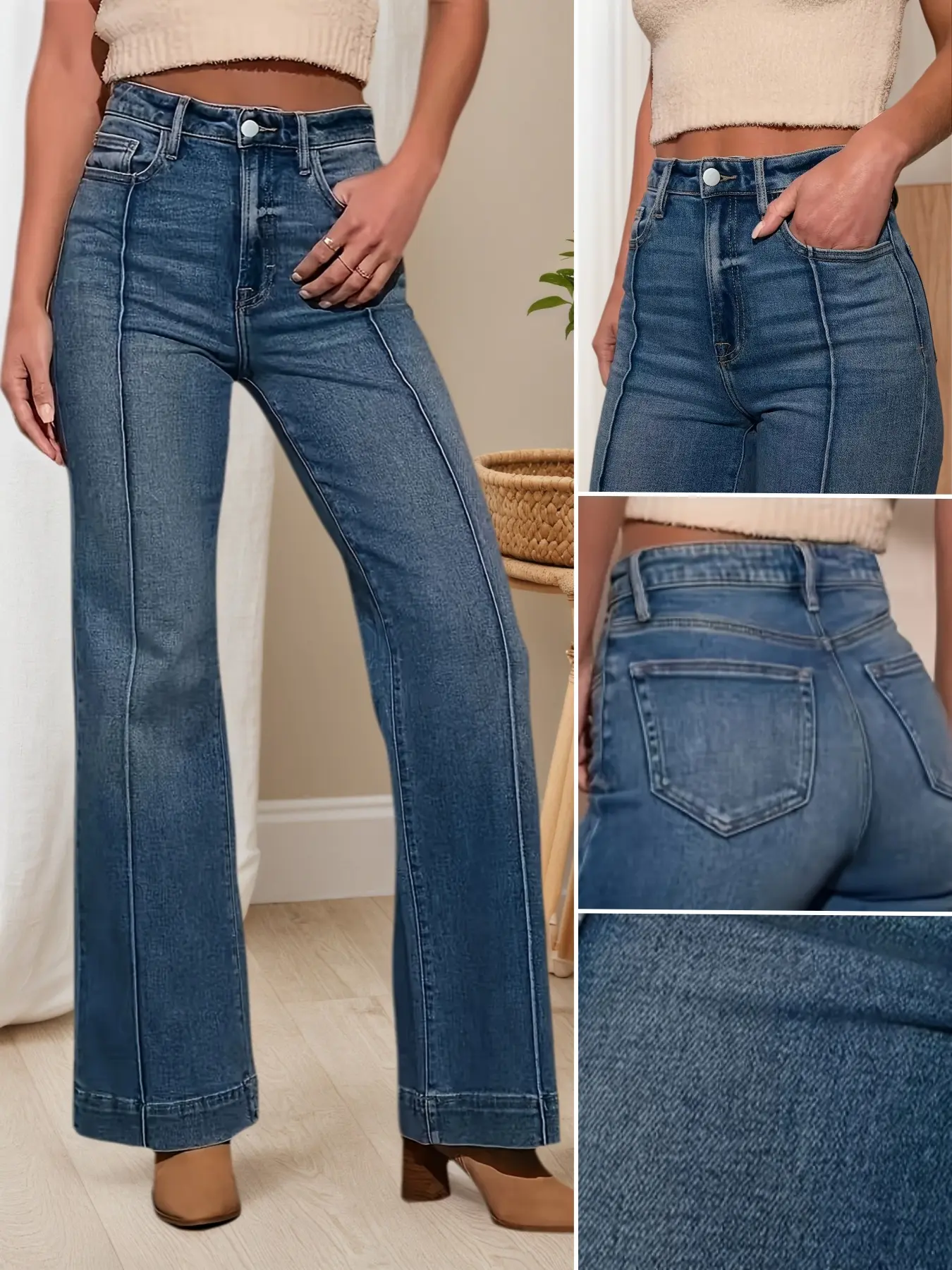 Women's Fashion High Waist Denim Jeans Fit Woven, Flared Leg Style, Casual & Trendy Wear, Perfect for Work Commute Daily Dressing, High Waisted Denim Pants
