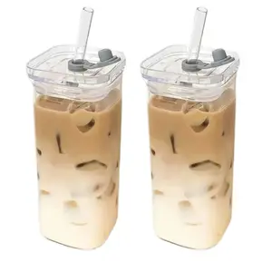 Square Glass With Lid Reusable Drinkware Clear Plastic Tumbler with Straw for Reuseable Beverages