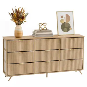 9-Drawer Fabric Dresser for Bedroom - 57" Fluted Wooden Cabinet with Reinforced Base, Modern TV Stand for 35/45/55-Inch TV, Home & Bedroom Decor Organizer for Room Storage Organization