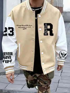 New Trendy Fashion R Pattern Baseball Jacket for Men, Lightweight Warm Fleece Lined Hoodie, Hip Hop Rock Style Outerwear