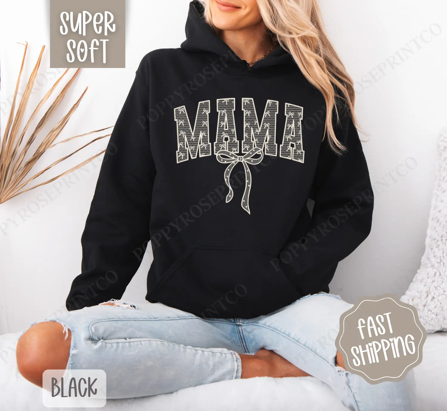 Lace Mama Hoodie, Women's Crewneck, Cute Lace Bow Women's Hooded Sweater