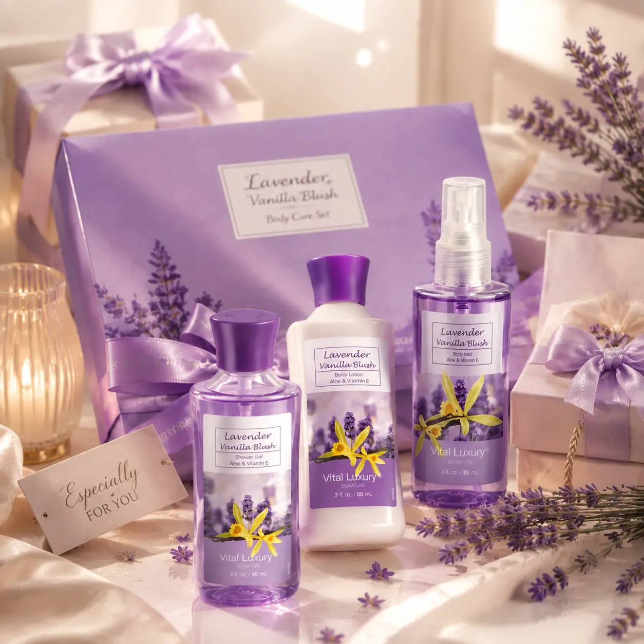 Vital Luxury Lavender Vanilla Scent Bath & Body Care Set for Women - 3oz Shower Gel, Lotion, Body Mist- Clear Rich Foam, All-Day Freshness, Moisturizing, Revitalizing Ideal Gift