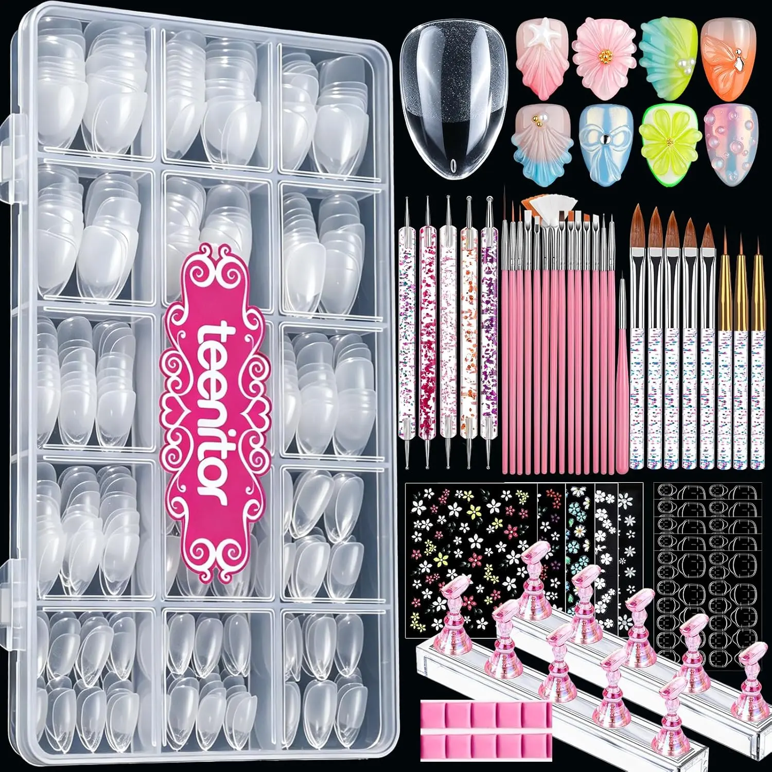 Short Almond Nail Tips Set, 510 Pcs 15 Sizes Half Matte Pre-shaped Clear Acrylic Nail Tips, 23 Pcs Nail Art Brushes, Dotting Tool, Nail Stand, Nail Stickers for DIY Nail Art