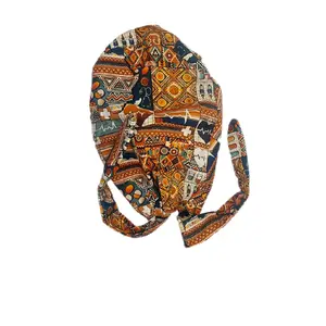 African Themed Satin-lined Nurse Cap without Backflap with Colorful Geometric Patterns and Adjustable Straps