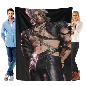Qin Che Classic Wrinkle-Resistant Breathable All-Seasons 3D Character Flannel Throw Blanket - Silver, Blush Pink Spiky Hair Punk Goth Harness Male Portrait, Gothic Leather Chain Mask Design - Dark Alt Fashion Adult Room Decor Gift