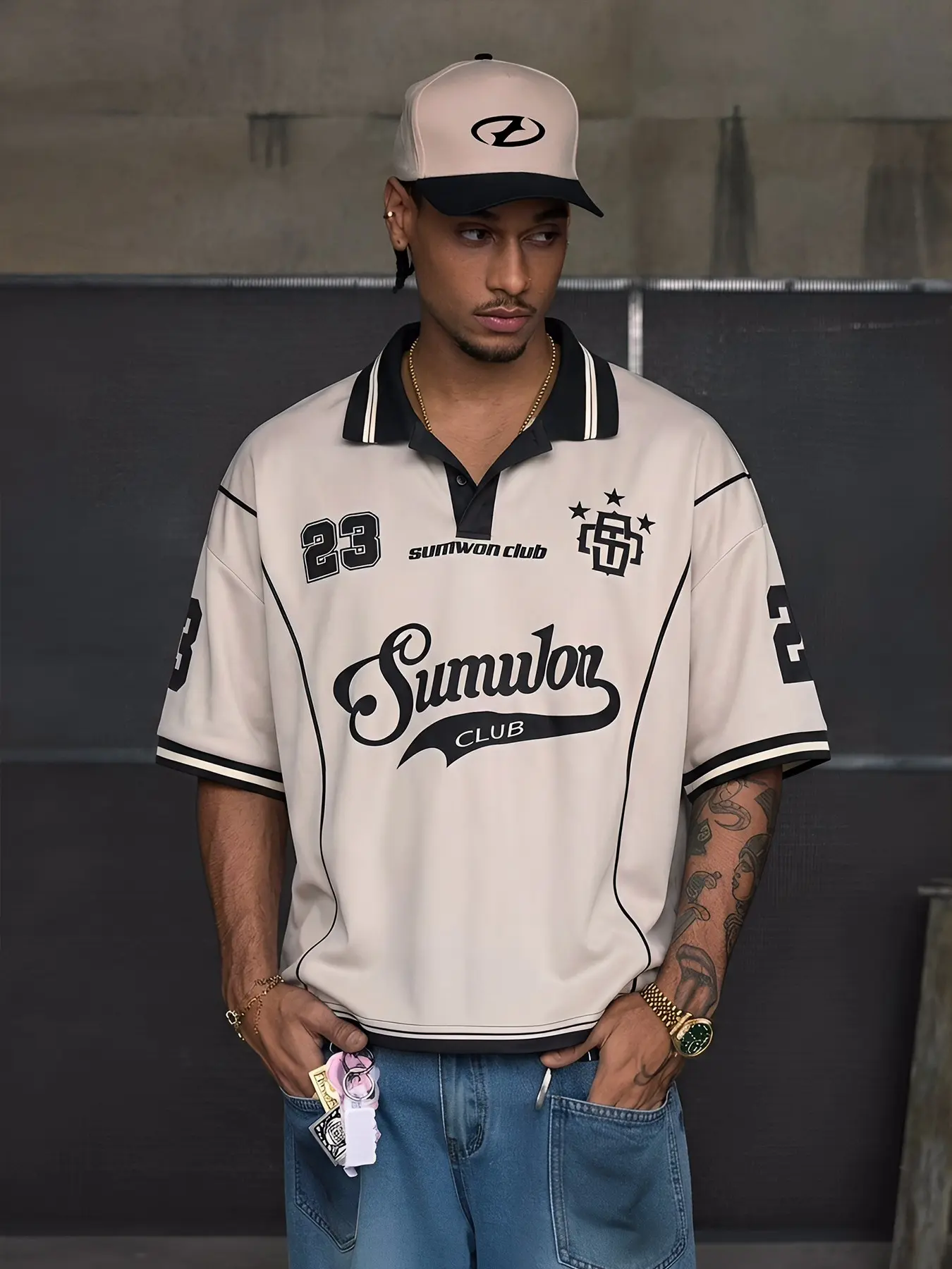 Sumwon Club 23 Print Vintage Jersey Polo Shirt Men, Y2K 90s Retro Sporty Streetwear Polo, Casual Sportswear, Beige Black Color Block 23 Graphic Top, For Daily Wear, Street Style, Casual Athletic Style, Summer Outfits