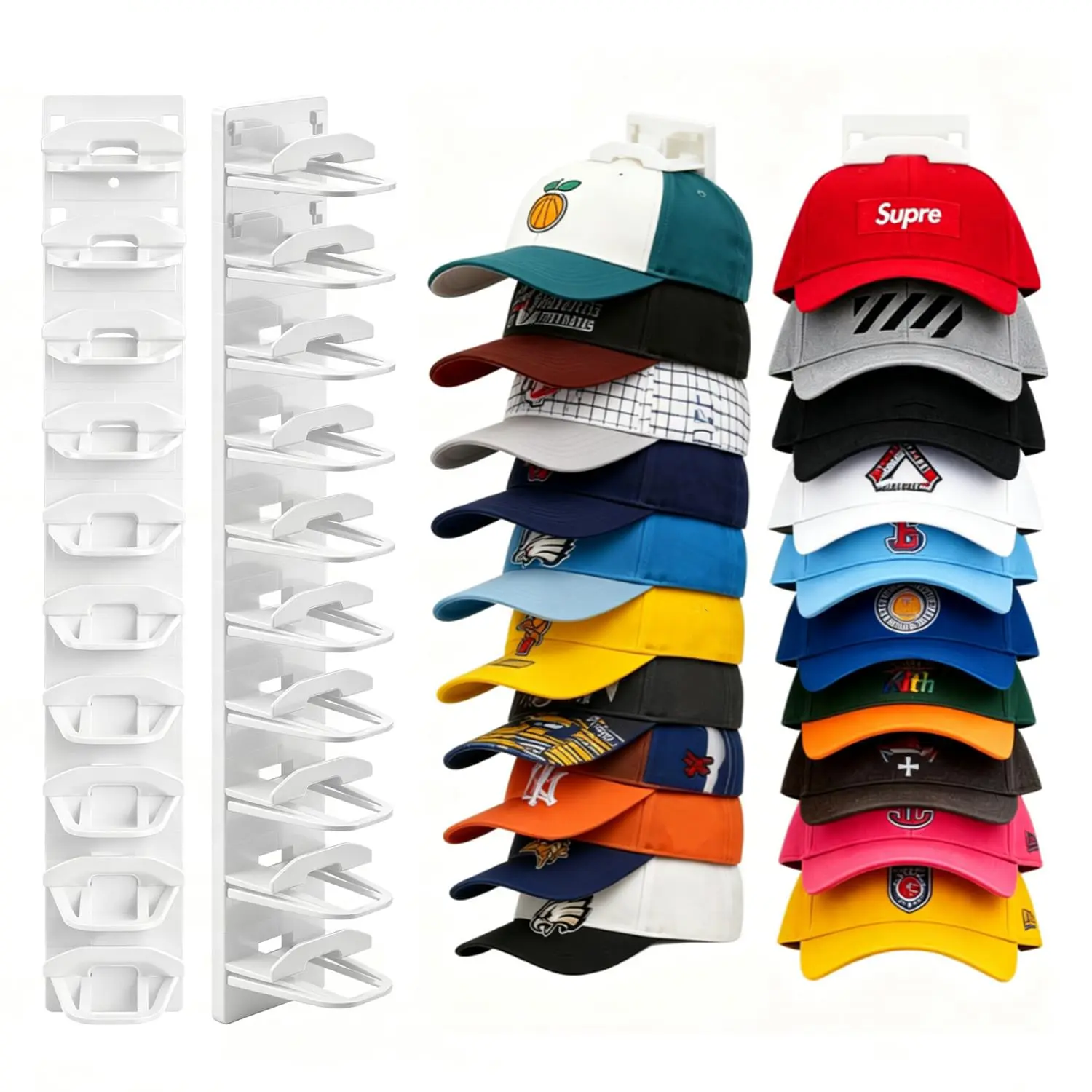 2-Pack Baseball Cap Organizer, Wall-Mounted Hat Rack with Strong Adhesive, Multi-Tier Design Holds Up to 20 Caps, 2 Mounting Options for Door or Closet