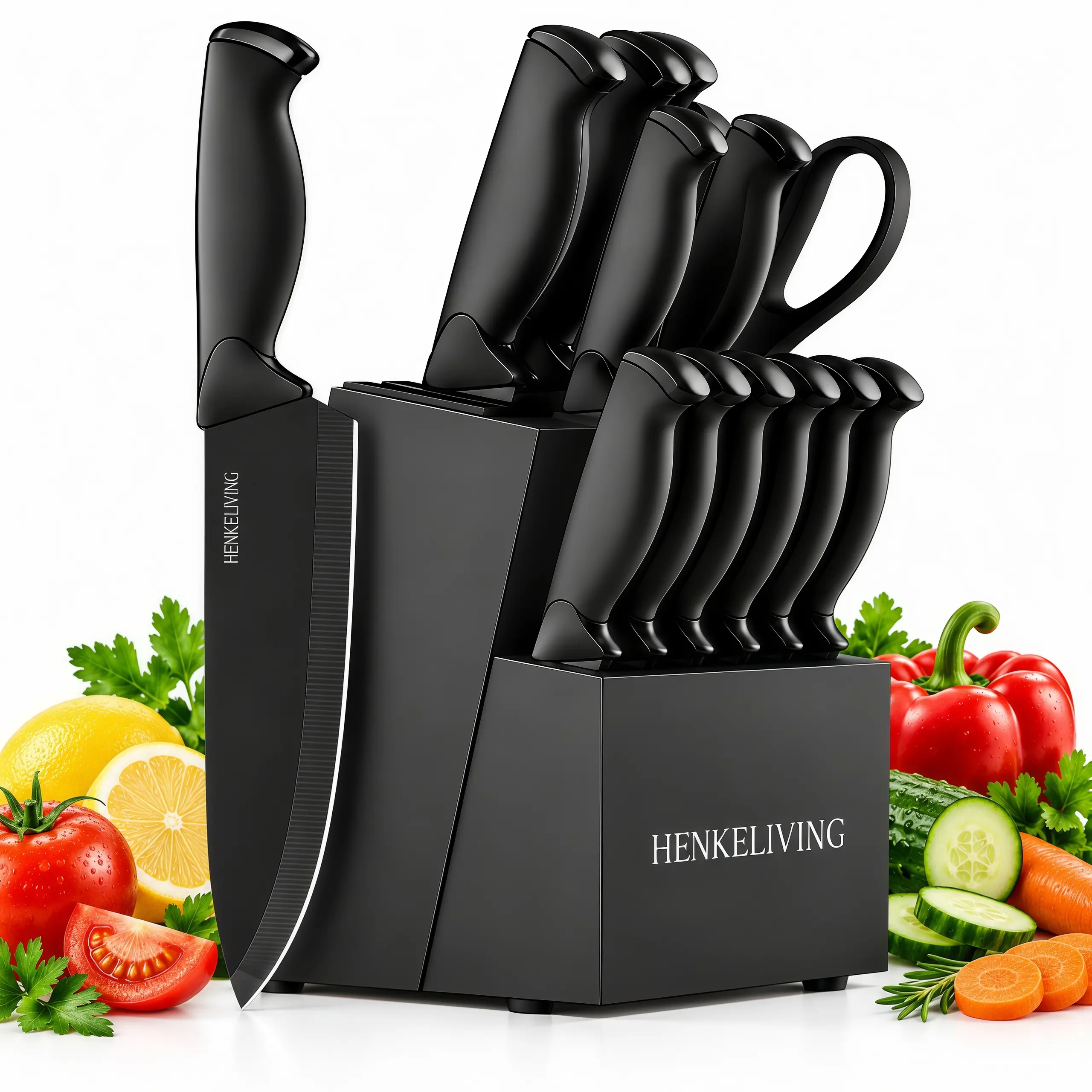 HENKELIVING 14-Piece Self-Sharpening Stainless Steel Knife Set for Home Kitchen, Black Knives with Storage Block, Built-In Sharpener, ABS Ergonomic Anti-Slip Handles, Dishwasher Safe for Slicing and Cutting