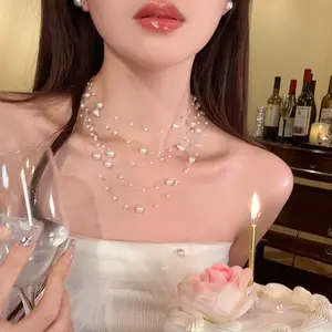 Starburst Multi-Layer Pearl Necklace| French Luxury Elegant Clavicle Chain| Invisible String Layered Choker