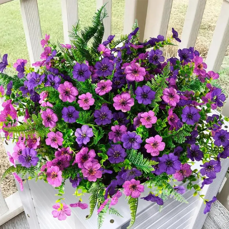 Outdoor artificial flowers, Plastic floral plant, 12 bundles of multi-color artificial flowers with ferns, UV resistant and non fading outdoor artificial plants, used for home planting, porch and courtyard decoration, Decoration items
