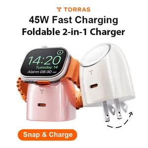 TORRAS 45W 2-in-1 Charger for Apple Watch & for iPhone 17 16 15 14 13 12 Promax,Snap-On Magnetic Wireless Charging,Foldable,45W USB-C PD Fast Charger, Plug,Compact Travel & Wall Charger,all-in-1, for iPad,MacBook&Android,for Apple User
