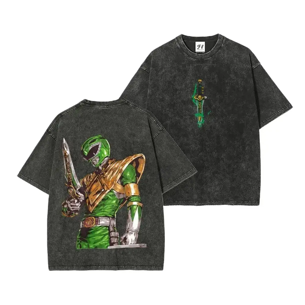The iconic "Green Ranger" from Power Rangers Short Sleeve Cotton Unisex Retro Wash TeeVintage Acid Washed Green Ranger Power Rangers Double Sided Graphic T-Shirt Dragon Dagger Chest Print Tommy Oliver Oversized Distressed Black Retro 90s Hero Short Sleeve
