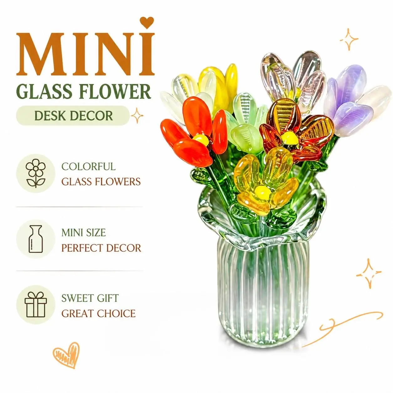 Handcrafted Mini Glass Artificial Flower Kit - 1 Set with 8 Mixed Colorful Pieces, Glass Vase, Decorative DIY Bouquet Ornaments for Kitchen, Home Tabletop, Holiday Gift | Sohochic