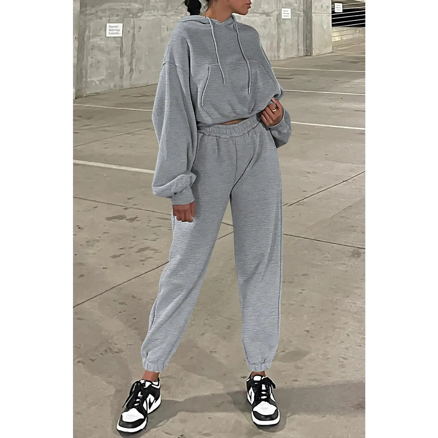 Gray Solid Drop Shoulder Hoodie and Joggers Activewear Set