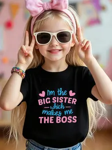 Girls "I'm The Big Sister Which Makes Me The Boss" T-Shirt, Funny Big Sister Announcement Tee, Casual Short Sleeve Tops for Toddler Girls