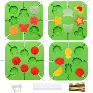 4Pcs Cute 3D Shape Silicone Lollipop Molds Maker Kit for Chocolate Hard Candy, Includes 100 Sticks 100 Bags and 100 Ties