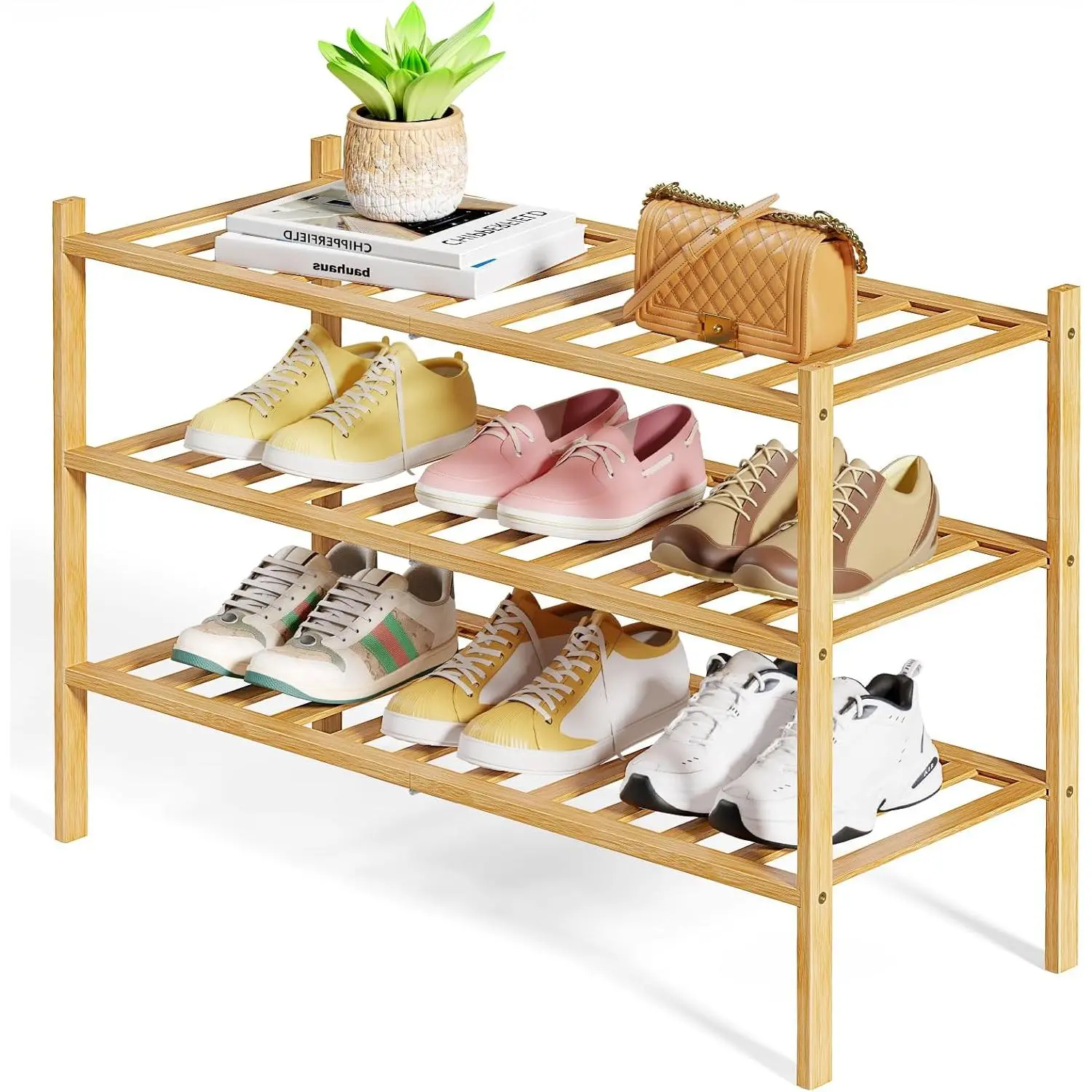 Bamboo Shoe Rack - Stackable modular structure shoe rack, space-saving shoe rack, suitable for entryway, living room, bedroom, dimensions are 26.8" x 11" x 18.9", natural color