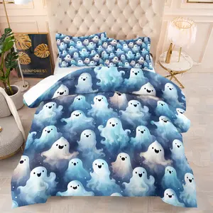 Cute Ghost Pattern Halloween Style Bedding Set, Includes Quilt and Pillowcases, Perfect for Teens & Adults, Ideal for Halloween Decor