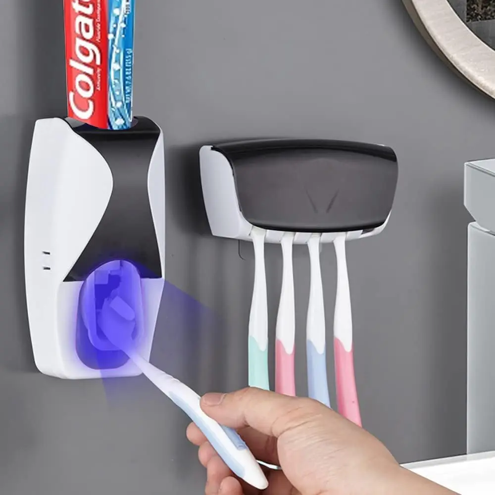 Wall-Mount ABS Plastic Durable Automatic Toothbrush Dispenser Set - Non-Slip Silicone Suction Pad, Toothpaste Squeezer That Prevents Toothpaste Waste, Easy-Install Space-Saving Holder for Families' Bathrooms (Black)