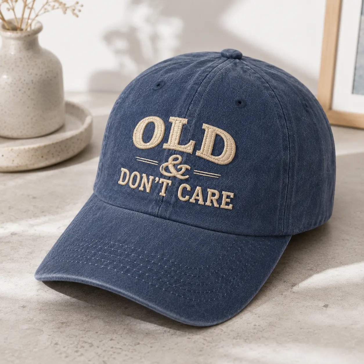 Old & Don't Care Embroidered Dad Hat, Funny Vintage Baseball Cap, Washed Cotton Adjustable Hat, Casual Everyday Cap