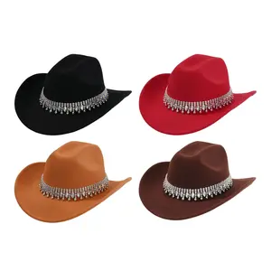 Women's Retro Wide Brim Cowboy Hat with Rhinestone Chain Sparkly Western Hat