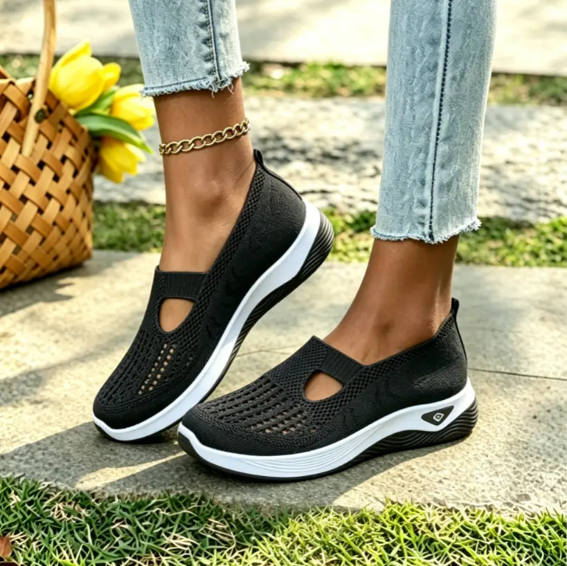 2026 New Women's Mom Woven Fabric Flat Slip-On Loafers - Plain, Breathable, Lightweight, Non-Slip Soft Hollow Sole Shoes for Daily Walks, All-Season Casual Commuting Outdoor Use - Round Toe, All-Match Fly Knit, 2 Colors Available
