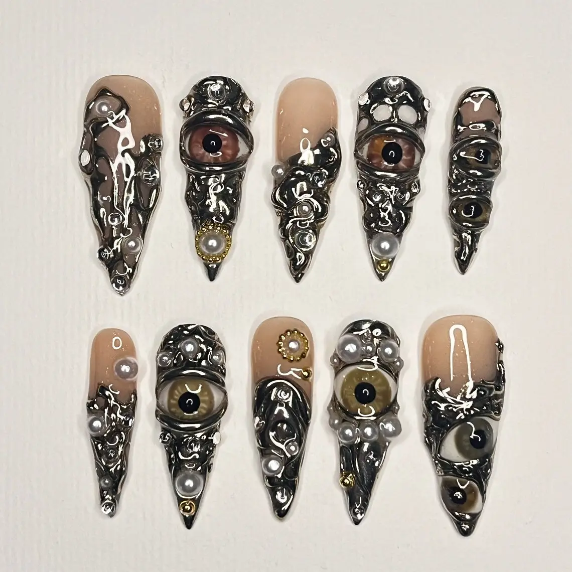 Horror Eyes Gothic, Emo Long Stiletto Press On Nail, Halloween, Cosplay, Carnival Nails Art, Handpainted Fake Nail, Reusable Gel Nail