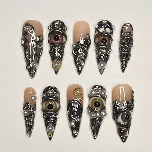 Horror Eyes Gothic, Emo Long Stiletto Press On Nail, Halloween, Cosplay, Carnival Nails Art, Handpainted Fake Nail, Reusable Gel Nail