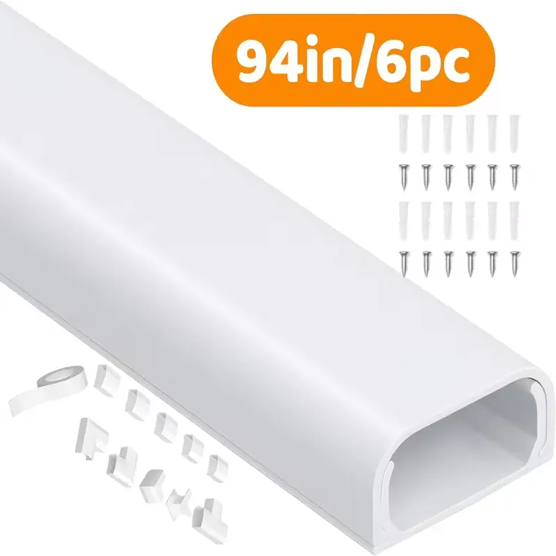6-Piece PVC Cable Management Trunking Cover Plates, Self-Adhesive Paintable, 157"/94" Length, 0.95" Wide x 0.55" High, White Indoor Use Channels for Home Office Desks, Walls