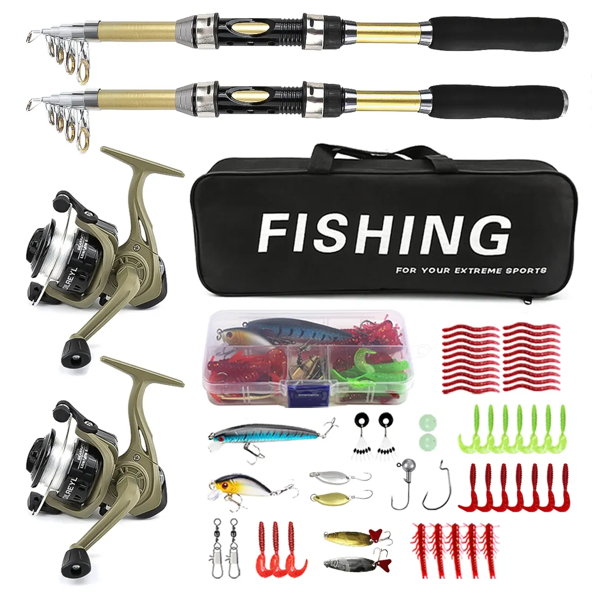 2pcs Fishing Rod Set, Fishing Gear Set, Fishing Tackle Kit, Fishing Equipment, Telescopic Fishing Rod with Spinning Reel, Complete Lure Kit and Fishing Bag, Perfect for Beginner Fishing and Camping Adventures