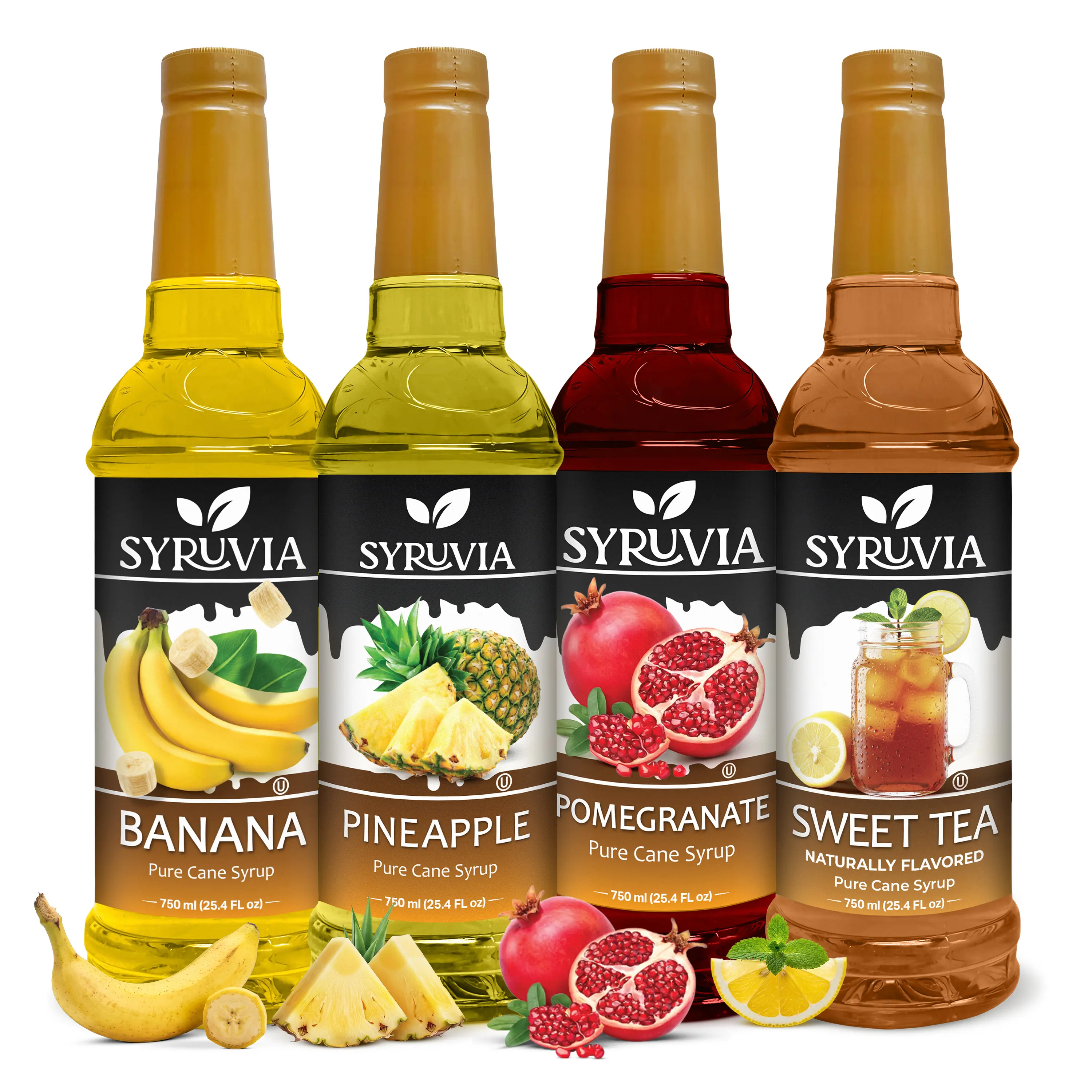 Syruvia Sweet Fruit Syrup Variety Pack – Banana, Pineapple, Pomegranate & Sweet Tea Flavored Syrup – Great for Lemonades, Sodas, Iced Teas & Dessert – 25.4 Fl oz Bottles (4 Pack)