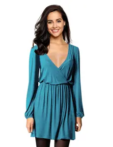 GARVEE Women's V-Neck A-Line Empire Casual Party Dress (Bluish Green, S)