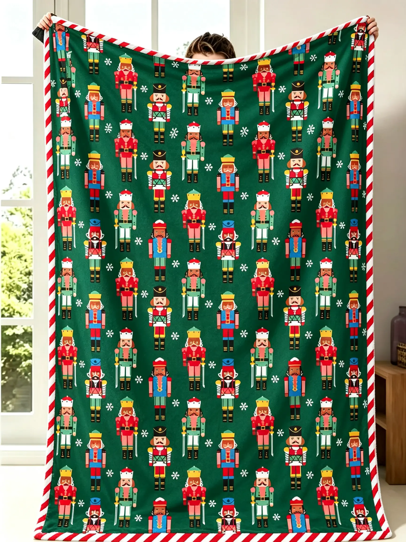 Christmas Nutcracker Flannel Fleece Blanket - Festive Green Pattern with Candy Cane Border, Soft Warm Lightweight Anti-Shedding Throw for Winter Nights & Holiday Gatherings, Cozy Gift for Fans!