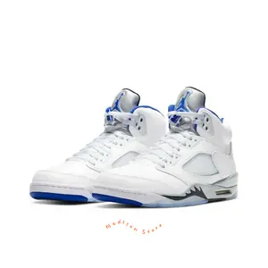 White Pebbled Leather High-Top Retro Basketball Shoes with Silver  Reflective Tongue and Icy Blue Translucent Outsole