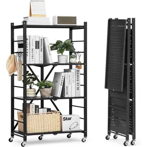 VEVOR 4-Tier Foldable Storage Shelf, 26W x 13D x 46H Inch Folding Metal Rack Shelving Unit, No Assembly Organizer Shelf with 5 Wheels & 4 Hooks for Pantry, Kitchen, Garage, Basement, Black