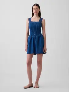Pintuck Drop-Waist Mini Dress Color Medium Wash