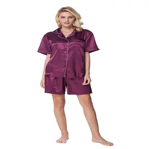 Women's Short Sleeve Classical Silky Satin Pajamas, Short Bottom Sleepwear