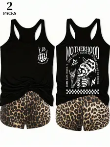 Motherhood Skull Butterfly Vest Set, Leopard Print Shorts, Casual Fitted Suit, Daily Wear, Festival, Home Outerwear
