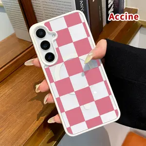 Magnetic Phone Case Compatible with Samsung Galaxy S23 Ultra S24 Plus S25 Edge S22+ FE Pink Checkered Charm Pattern Acrylic Transparent Anti-Scratch wireless charging compatible Phone Back Cover