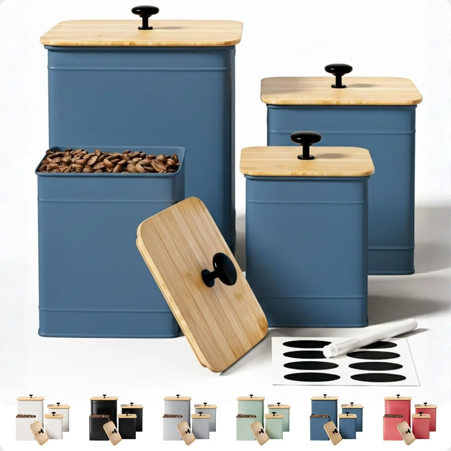 Kitchen Canisters for Countertop Set of 4 with Customizable Chalkboard Labels & Marker Pen - Big Iron Kitchen Canister Set with Airtight  - Blue Canisters - Sugar  Coffee Containers Sets