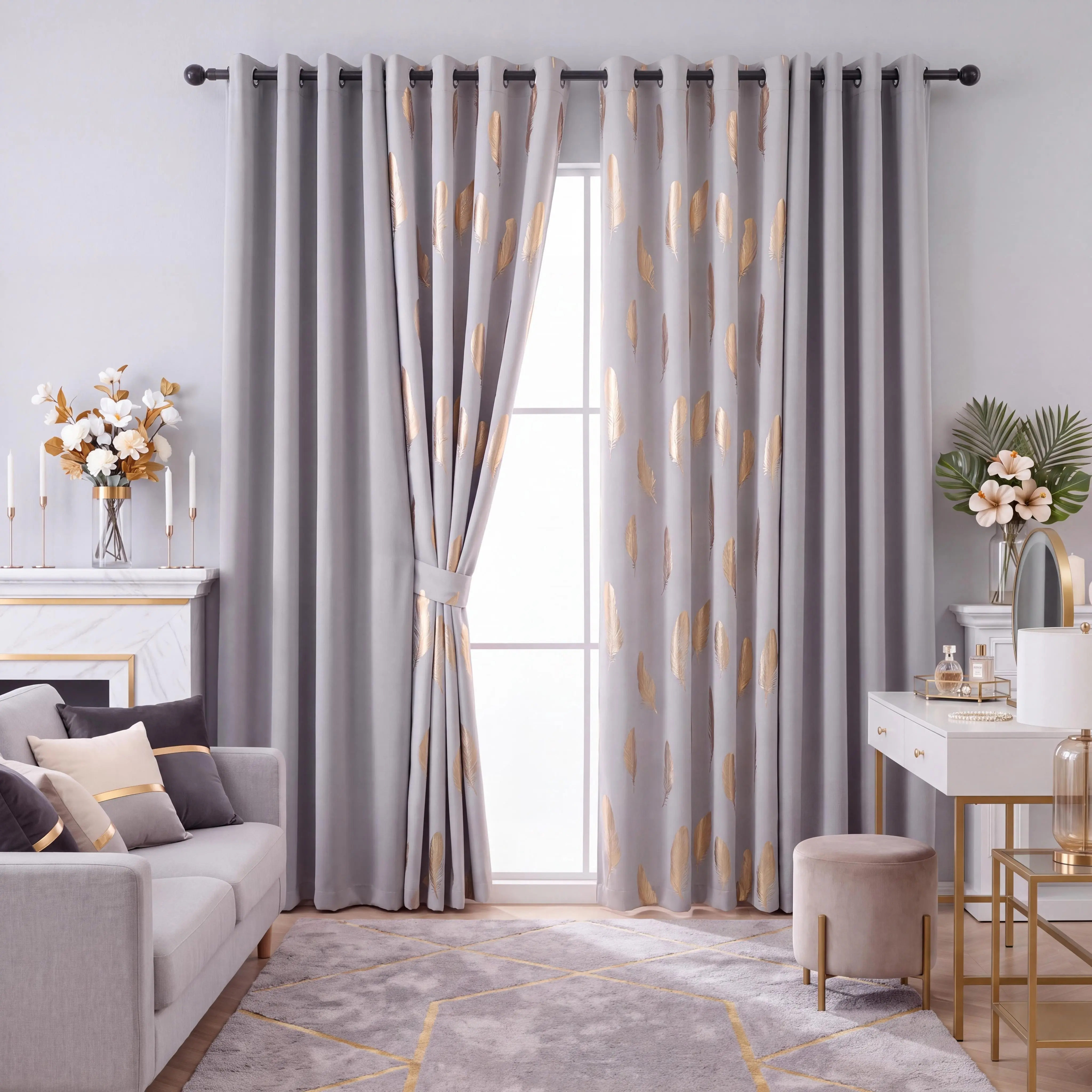 Lumina 4-Panel Grommet Blackout Curtain Combo (52"x84") - 2 Abstract Foil Metallic Shine, 2 Plain Weave Solid Full Blackout Panels, Thermal Insulated Noise Reducing Privacy Drapes for Living Room Curtains Indoor Home, QF222 QF536