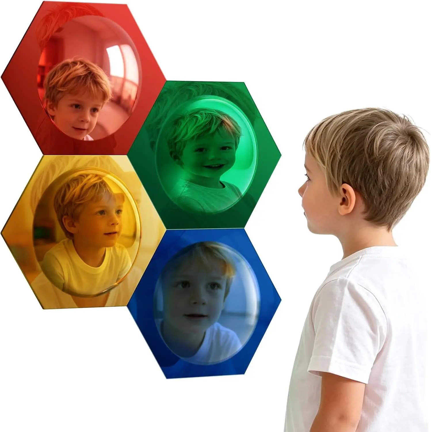 4-Pcs Honeycomb Hexagon Acrylic Sensory Bubble Mirror Set, DIY Combinable Sensory Panel Decor, Colorful Wall Supplies for Playroom & Calming Corner (Red, Yellow, Green, Blue)
